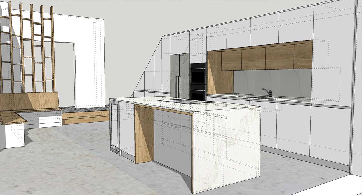 The sketch of a design for a bespoke kitchen in London