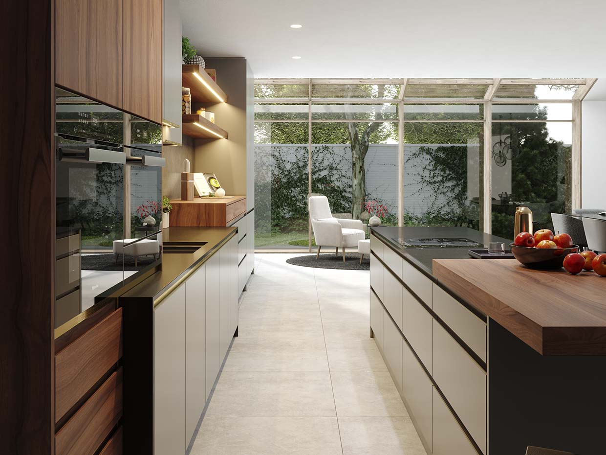 Image of a bespoke kitchen in London with an island that is dark wood